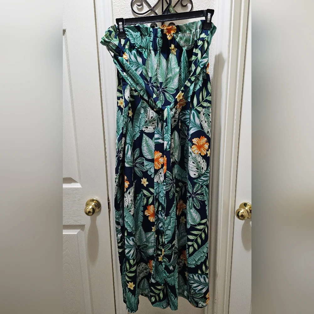 Floral Elastic Waist Wide Legged Pants Size 1X Removable Belt Navy & Green EUC - Picture 2 of 9